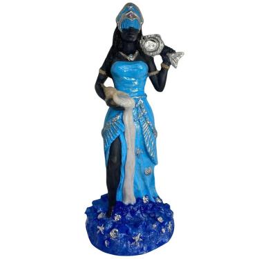 Imagem de Escultura Orixá Iemanjá Africana 23Cm Roupa Azul Claro