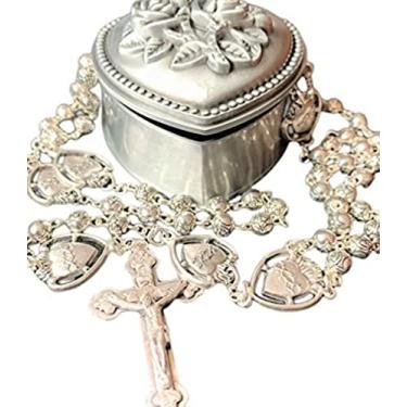 Imagem de elegantmedical Colar de cruz rosária de prata artesanal com coração sagrado católico de coração de Jesus, medalha santa e caixa de joias de metal agradável, 22" (56CM), Metal