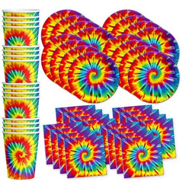 Imagem de Tie Dye Conjunto de pratos para festa de aniversário, guardanapos, xícaras, kit de mesa para 16