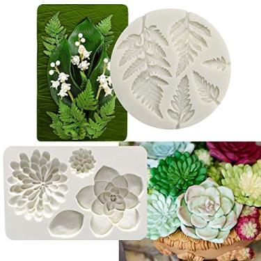 Imagem de (Succulents Fondant Mold) - 2PCS Fondant Mould Succulent Silicone Fondant Mould Fern Fondant Mould Succulent Leaves Silicone Candy Moulds Cake Decoration Moulds Gumpaste 3D Silicone Moulds for Polymer Clay, Cupcakes, Resin Sugarcraft