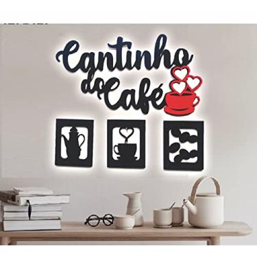Imagem de CANTINHO DO CAFÉ 4 PEÇAS MDF ALTO RELEVO 30CM PRETO E XICARA VERMELHA DECORAÇÃO