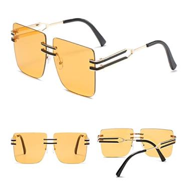 Imagem de Óculos de sol quadrados amarelos vintage femininos de luxo de metal sem aro superdimensionados óculos de sol claros uv400 produtos de tendência, amarelo laranja dourado, tamanho único