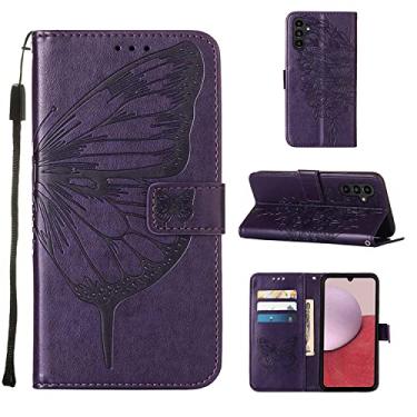Imagem de Capas de telefone borboleta em relevo para Samsung Galaxy A14 A 14 5G Capa de couro com slots para cartão impressos clipe de carteira para telefone de negócios Samsung A14 5G capas (roxo escuro, Samsung A14 5G)