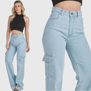 Imagem de Calça Jeans Hno Jeans Wide Leg Cargo Hot Pant Bolso Lateral Azul Claro