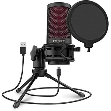 Imagem de CMTECK Microfone USB, microfone para PC com filtro pop e botão mudo, microfone de podcast para desktop Plug & Play com indicador LED, compatível com Windows/Mac, ideal para YouTube, Skype, gravação
