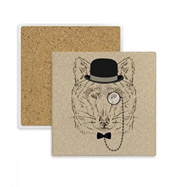 Imagem de Chapéu de lobo suave estilo britânico laço de vidro quadrado porta-copos suporte para caneca, pedra absorvente para bebidas, presente de 2 peças