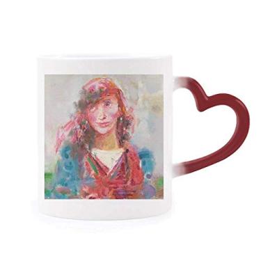 Imagem de Red Scarf Girl XJJ Caneca sensível ao calor com pintura a óleo Caneca vermelha que muda de cor