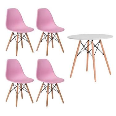 Imagem de Conjunto 4 Cadeiras Eiffel Eames Rosa Claro + 1 Mesa Eames 80cm Branca