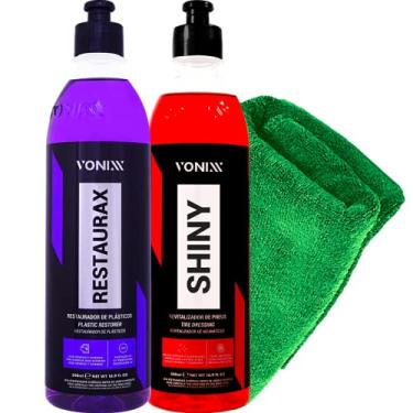 Imagem de Kit Restaurador Revitalizador Renovador de Plasticos e Borrachas Restaurax + Pneu Pretinho Brilho Intenso Shiny Vonixx