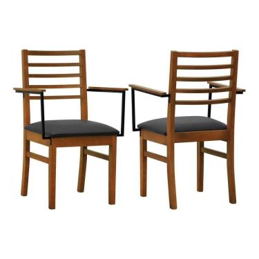 Imagem de Kit 2 Cadeiras Tiê Madeira Maciça Encosto Ripado C-braço Metal - Amêndoa Assento Estofado Corano Preto