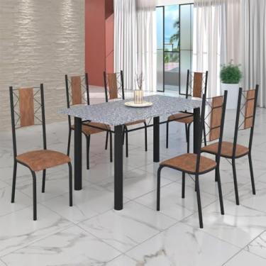 Imagem de Conjunto Sala de Jantar Bahia Mesa Tubo 140x75cm Tampo Pedra Granito com 6 Cadeiras Marrom/preto Fosco