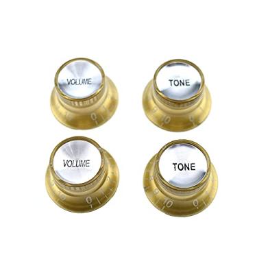Imagem de Hahiyo Top Hat Puxadores de sino de guitarra de 6 mm de diâmetro interno manter alinhado com SG Epiphone Controle de palavras claras botão de volume tom refletor tampa para guitarra Les Paul baixo potes Amp plástico ouro 2 conjuntos