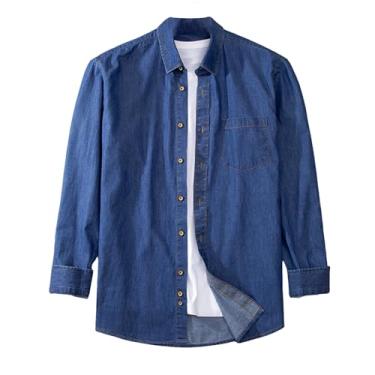 Imagem de Camisa jeans masculina, manga comprida, ombro caído, cor lisa, gola aberta, caimento solto, Azul claro, G