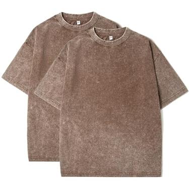 Imagem de Camisetas masculinas de algodão grandes unissex manga curta casual solta lavagem sólida básica, B - Marrom, XXG