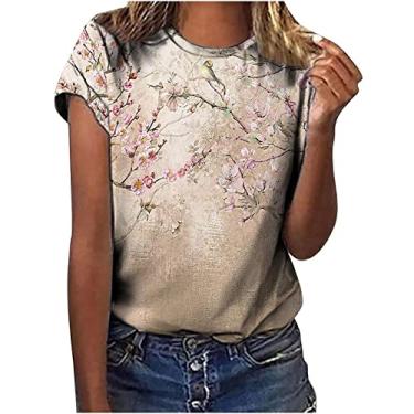 Imagem de MaMiDay Camisetas estampadas femininas de manga curta para o verão, folgadas, confortáveis, casuais, modernas, blusas elegantes, Marrom, M