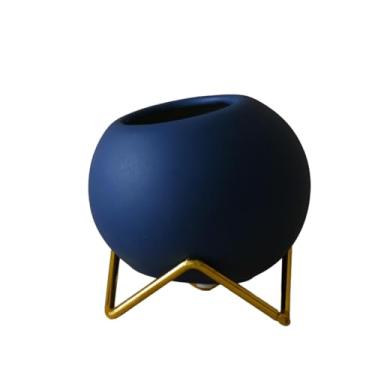 Imagem de ESTINTENG Suporte de ferro redondo nórdico de cerâmica, vaso de flores, decoração de plantas, enfeites de vaso de flores, azul