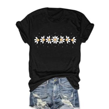 Imagem de Camiseta feminina engraçada margarida vintage boho flores silvestres Cottage Core blusa de manga curta, M - preto, G