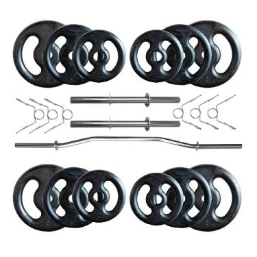 Imagem de Kit 40 Kg de Anilhas Ferro Fundido + 02 Barras de 40cm + Barra W