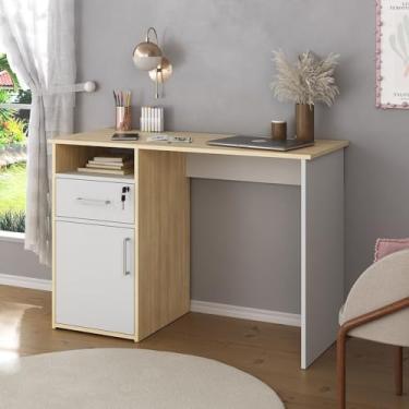 Imagem de Escrivaninha Compacta para Home Office com 1 Porta 1 Gaveta com Chave e 1 Nicho Hall Artany Carvalho/Branco