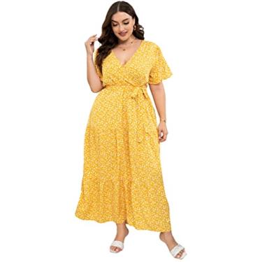 Imagem de ShopWonder Vestido feminino plus size com decote em V, cintura alta, babados, vestido casual de verão com cinto, Flor amarela, XXG