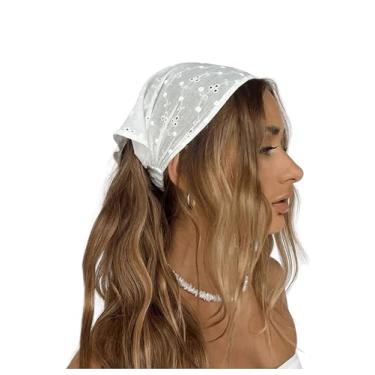 Imagem de OYOANGLE Lenço de cabelo feminino boho ilhós crochê bandanas para cabeça cachecóis acessórios de cabelo, Branco, 1 Count (Pack of 1)