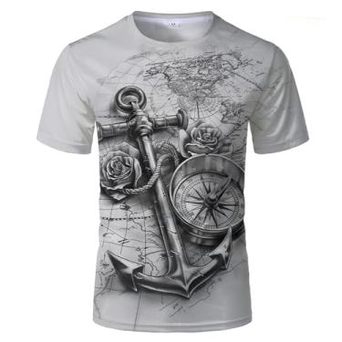 Imagem de Camisetas masculinas de gola redonda, estampa 3D, mapa-múndi e bússola, elementos náuticos, manga curta, Tt-00034, P