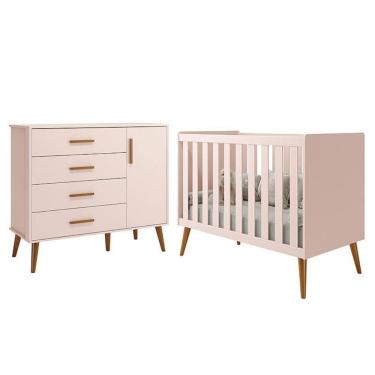 Imagem de Jogo De Quarto Infantil Isis Cômoda 1 Porta E Berço Rosa - Reller Móveis Rosa