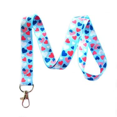 Imagem de Chaveiro vermelho branco e azul patriótico bandeira dos EUA estampa de coração cordão suporte crachá ID