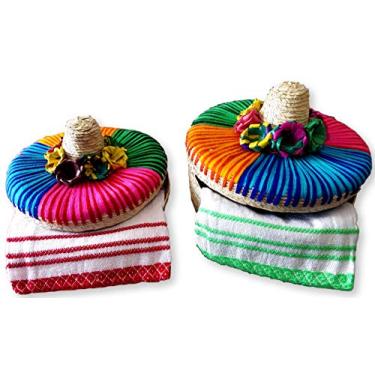 Imagem de Cestas sombrero feitas à mão e panos de tortilha da Jacq & Jürgen – Pacote com 2 – Tortillero médio e grande – Design arco-íris 100% palma