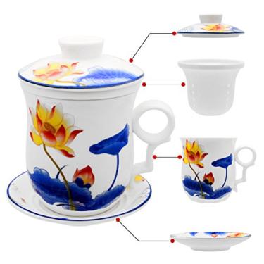 Imagem de Chá de porcelana com tampas de infusor e conjuntos de pires – Caneca de café de cerâmica Jingdezhen chinesa com sistema de preparação de chá de folhas soltas para home office, Red Lotus