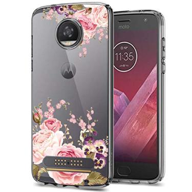 Imagem de Ueokeird Capa para Moto Z2 Play, capa para Moto Z2 Force, capa traseira de TPU transparente flexível e flexível com flores em aquarela para Moto Z2 Play / Z2 Force (flor rosa)