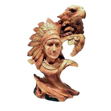 Imagem de Decoração Escultura índio Cacique Americano Com águia Estátua Resina 18cm