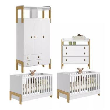 Imagem de Jogo Quarto De  Bebê Para Gêmeos Com 2 Berços Cômoda Roupeiro Qmovi