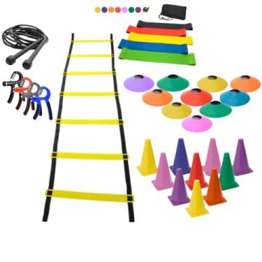 Imagem de Kit Treino Completo Escada 7 Degruas 10 Cones 10 Chapéus 5 Faixas Mini Bands 1 Hand Grip 1Corda de Pular Pvc