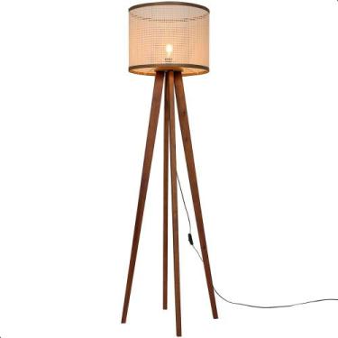 Imagem de Luminária de Chão Madri com Pés de Madeira e Tela Indiana Borda Marrom