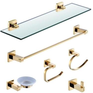 Imagem de Kit Acessórios De Banheiro Lavabo 6 Peças Dourado Luxo IKAB02 - inovar