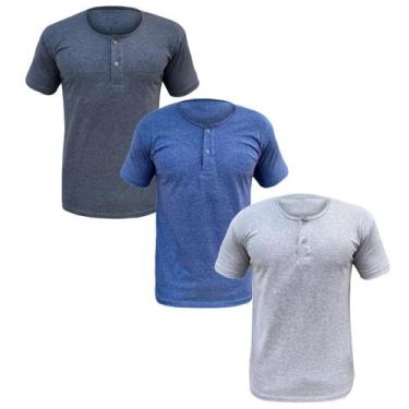 Imagem de Kit 3 Camisa Henley Camiseta Slim Botão Manga Curta Algodão Não Amassa