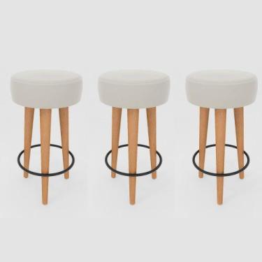 Imagem de Kit 3 Banqueta Alta Cozinha 70cm Estofada Off-White Madeira Maciça Urb