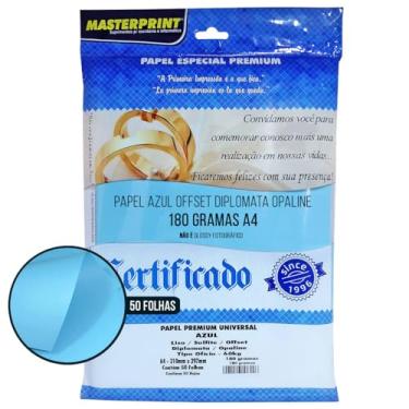Imagem de Papel Azul Opaline Diplomata Offset Liso 180g A4 Massa Colorida Tipo Ofício 60kg Pacote com 50 folhas Masterprint
