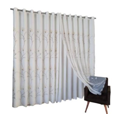 Imagem de Cortina Voil Bordado Sofia Bege Com Forro Em Microfibra 4,00m x 2,50m 