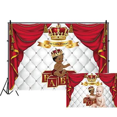 Imagem de Renaiss Pano de fundo de chá de bebê príncipe vermelho real de 2,1 x 1,5 m para fotografia Royal Golden Crown Cortina nosso pequeno príncipe fundo menino recém-nascido chá de bebê revelação de gênero