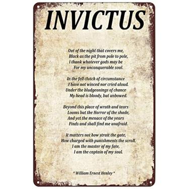 Imagem de SREELEATHERS Placas de Metal Vintage Invictus Poema de William Ernest Henley Placa de Lata Pôster Arte de Parede Decoração Placa para Casa Clube Café Sala de Estar 12X8 Polegadas