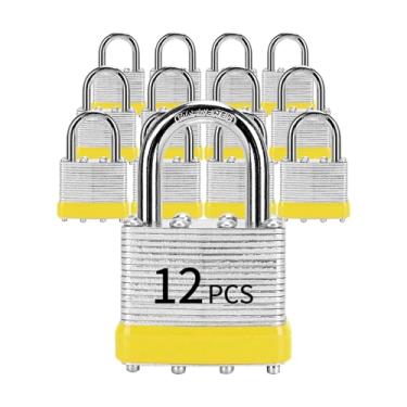 Imagem de LQYN Cadeado laminado com chave (1-9/16 polegadas, 40 mm), fechaduras semelhantes com chave, aro amarelo, manilha normal, pacote com 12, trava para armário de academia, bagagem, mala, bagagem, caixa