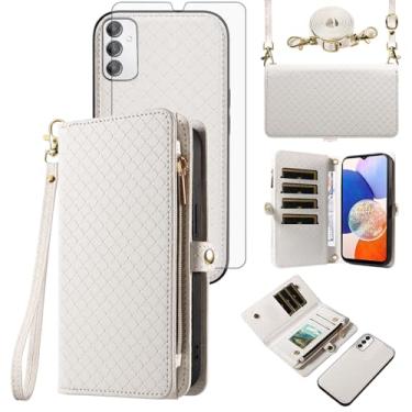 Imagem de Asuwish Capa de celular para Samsung Galaxy A14/M14 5G carteira com zíper destacável com protetor de tela de vidro temperado alça transversal alça flip porta-cartão A 14 4G 14A 14M G5 mulheres meninas