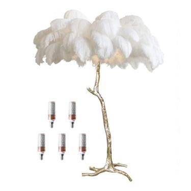 Imagem de Luminária de pé romântica moderna de penas para quarto, sala de estar, luminária de chão de penas de avestruz natural, corpo de lâmpada dourada, regulável com interruptor de pé