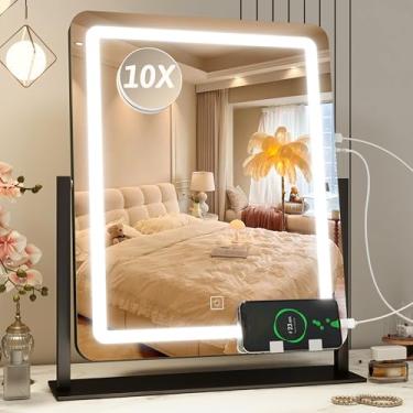 Imagem de ROLOVE Espelho de LED de 56 x 45 cm com luzes, espelho de montagem de mesa moderno, regulável por toque inteligente, ampliação destacável, moldura de alumínio preto