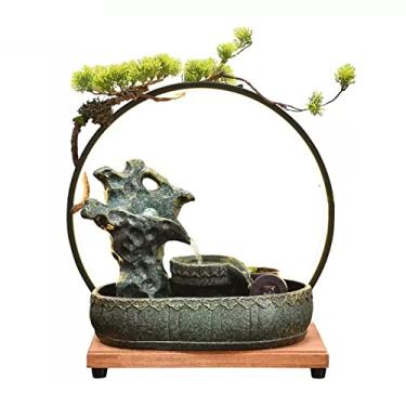 Imagem de Fonte de mesa fonte de mesa fontes de cerâmica com base de madeira e luz LED interior mini recurso de água para quarto, escritório, sala de estar fonte interna