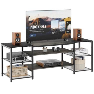 Imagem de Katrawu Suporte de televisão moderno para TVs de 65 polegadas com cor industrial cinza e marrom rústico, prateleiras de armazenamento com moldura de metal com 3 camadas abertas para centro de