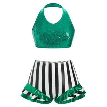 Imagem de ODASDO Fantasia feminina de circo com estampa de trapézio, top cropped com lantejoulas brilhantes e decote cavado, cintura alta, listras e babados, roupa de dança para show de talentos de ginástica,