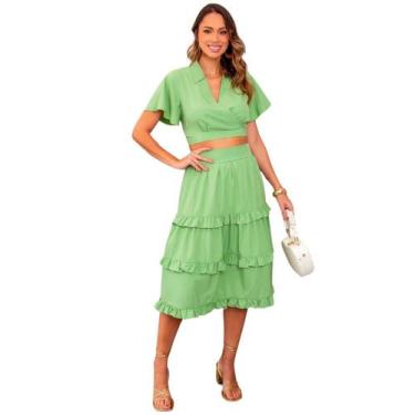 Imagem de Conjunto feminino blusa e saia midi com babados em crepe com forro rom
